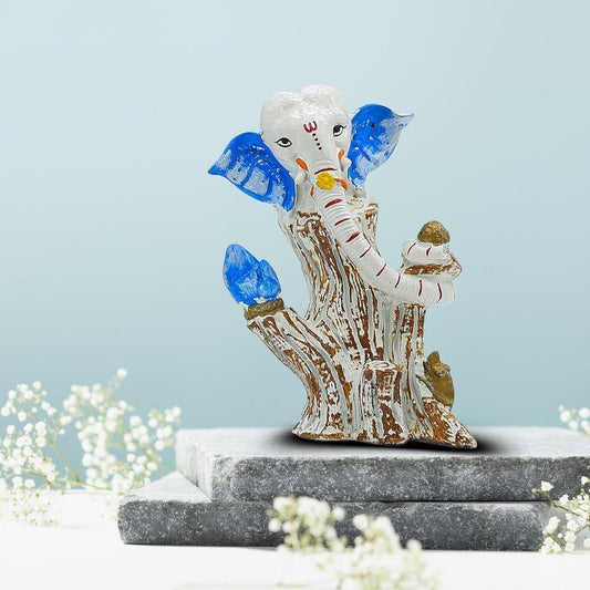White & Blue Lord Ganesha Idol on Tree Log | Polyresin Ganpati Statue for Home Decor, Pooja Room, Car Dashboard & Gift | Decorative Ganesh Murti 5 Inch