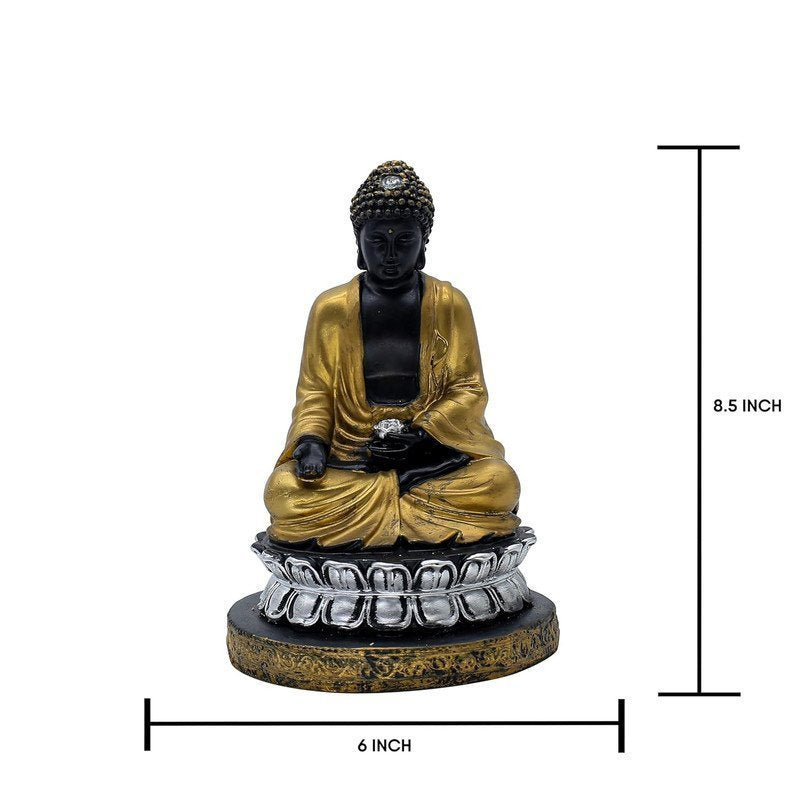 Samadhi Buddha Statue, Black and Gold, 21.6 x 15.2 cm, Silver Lotus Base