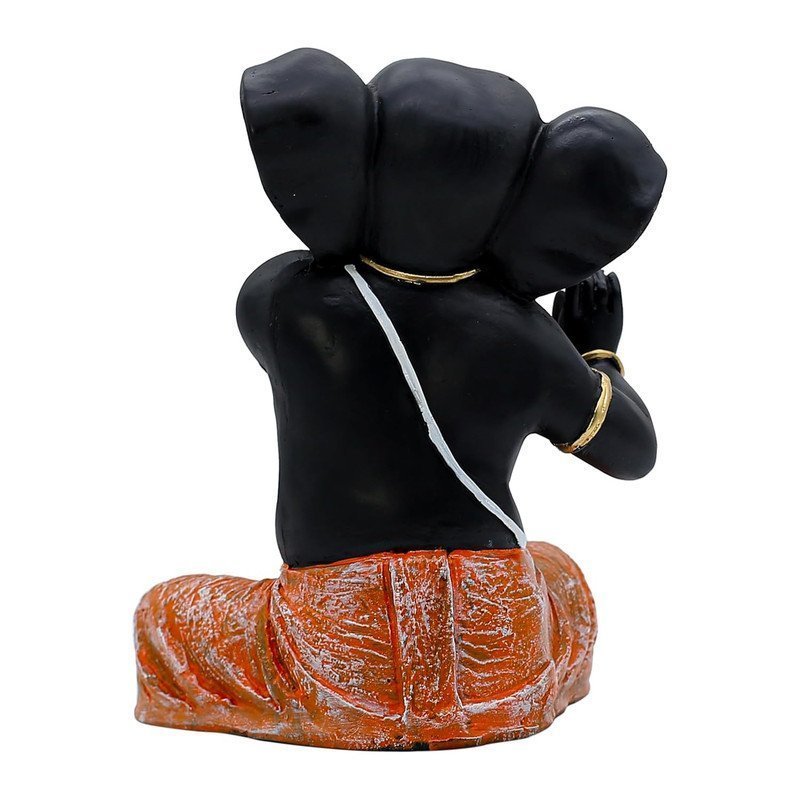 Black Lord Ganesha Idol in Dancing Pose Polyresin Ganpati Statue with Orange Dhoti for Home Temple Decor, 6 Inch