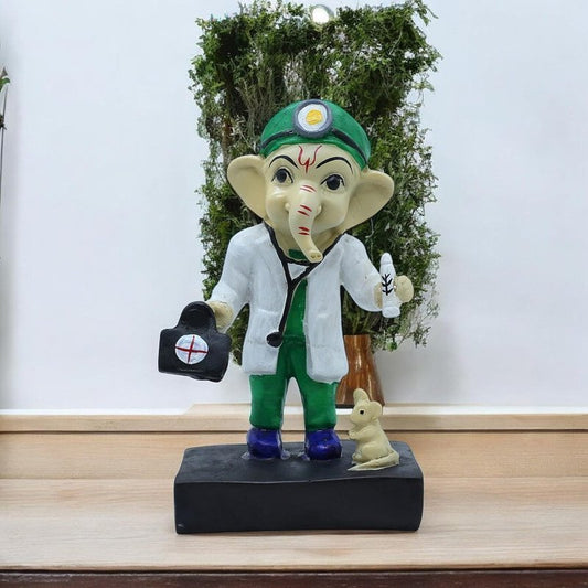 Doctor Ganesha Idol Lord Ganpati Statue in Doctor Avatar with Mouse Polyresin Showpiece for Home, Clinic, Hospital, Gift for Doctors 8 Inch